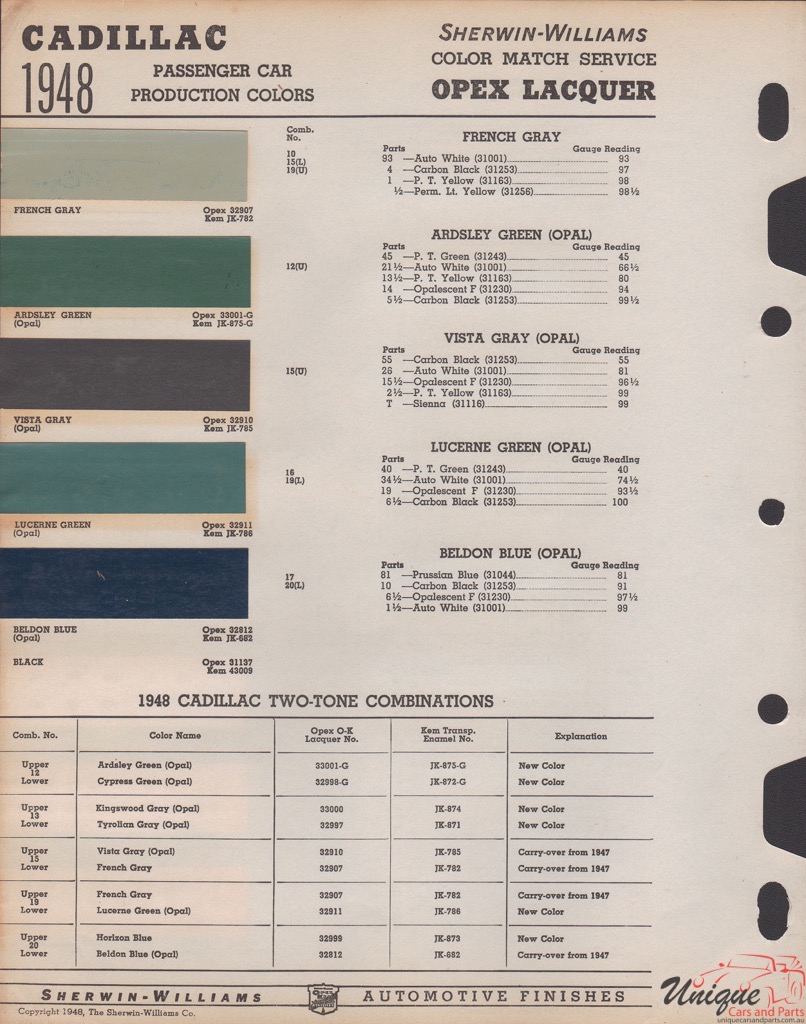 1948 Cadillac Paint Charts Williams 2